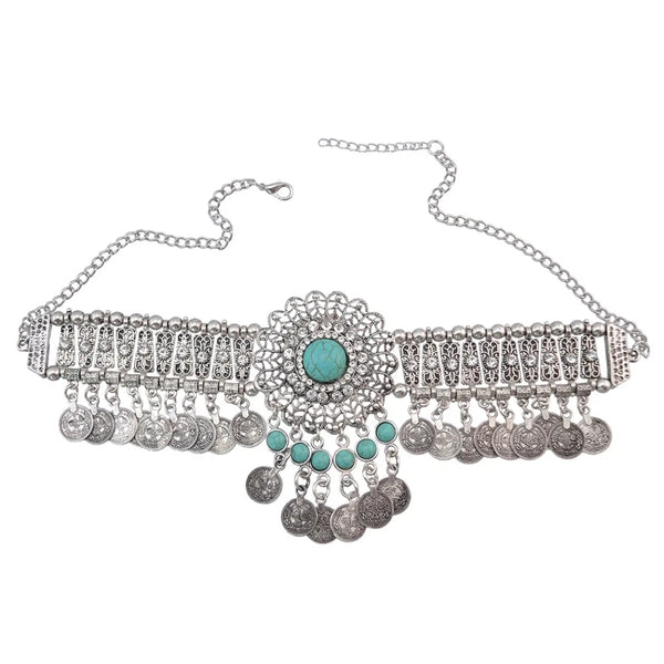 Gypsy Boho Coins Tassel Necklace Red Stone Turquoise Bead Crystal  Flower Collares Chokers India Afghan Female Statement Jewelry