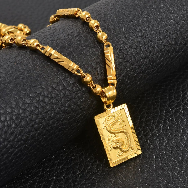 Anniyo Men's Dragon Pendant and Ball Bamboo Necklaces Gold Plated Jewelry for Father Husband's   #006809P