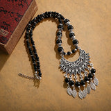 Bohemia Vintage Ethnic Leaf Red Stone Tassel Necklace For Women Gypsy Sliver Color Long Chain Necklace For Girls Tibetan Jewelry
