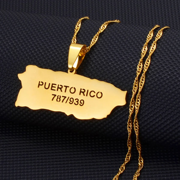 Anniyo Puerto Rico Map and Area Code Pendant Necklaces Gold Color PR Puerto Ricans Jewelry @238021