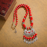 Bohemia Vintage Ethnic Leaf Red Stone Tassel Necklace For Women Gypsy Sliver Color Long Chain Necklace For Girls Tibetan Jewelry