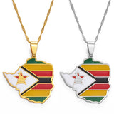 Anniyo Map of Zimbabwe Flag Pendant Necklaces Silver Color/Gold for Women Girls Stainless Steel Zimbabweans Maps Chains #154321