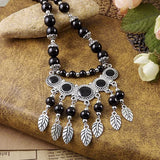 Bohemia Vintage Ethnic Leaf Red Stone Tassel Necklace For Women Gypsy Sliver Color Long Chain Necklace For Girls Tibetan Jewelry