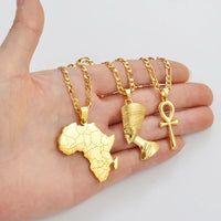 Anniyo 3Pieces Ankh Nefertiti & Africa Map Pendant Necklaces Gold Color Wedding Birthday Party Ethnic Jewelry Women Men #256306