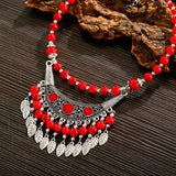 Bohemia Vintage Ethnic Leaf Red Stone Tassel Necklace For Women Gypsy Sliver Color Long Chain Necklace For Girls Tibetan Jewelry