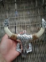 Wild Pig Teeth Embedded Alloy Ox Head Wild Boar Tooth Amulet Pendant
