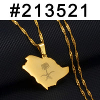 Anniyo Saudi Arabia Map and Emblem Symbol Crossed Sword Pendant Necklace Saudi Jewelry #213521
