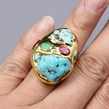 G-G Blue Turquoise Multi Color Agates Golden Ring Gold Electroplated Rings Adjustable For Lady