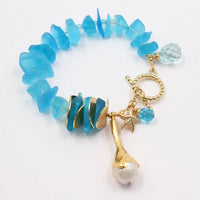 GG Natural Blue Glass Quartz Electroplate Gold Color Plated Keshi Pearl Bracelet CZ Starfish Charms Handmade For Women