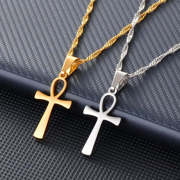 Anniyo  Small Cross Pendant Ankh Necklace Woman Girls Gold Color/Silver Color African Charm Jewelry Egypt Nile Key Chain #165821