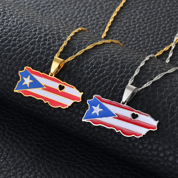 Anniyo Heart Puerto Rico Map and Color Flag Pendant Necklaces Gold Color/Silver Color PR Puerto Ricans Jewelry #165521