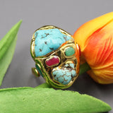 G-G Blue Turquoise Multi Color Agates Golden Ring Gold Electroplated Rings Adjustable For Lady