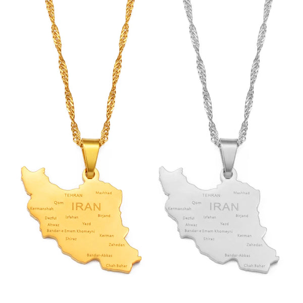 Anniyo Iran Map With Cities Pendant Necklace Women Girls Jewelry,Silver Color/Gold Color Iranian Necklaces #212521