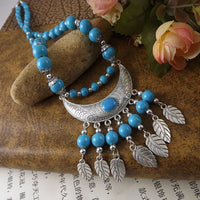 Bohemia Vintage Ethnic Leaf Red Stone Tassel Necklace For Women Gypsy Sliver Color Long Chain Necklace For Girls Tibetan Jewelry