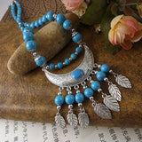 Bohemia Vintage Ethnic Leaf Red Stone Tassel Necklace For Women Gypsy Sliver Color Long Chain Necklace For Girls Tibetan Jewelry