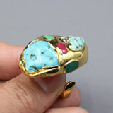 G-G Blue Turquoise Multi Color Agates Golden Ring Gold Electroplated Rings Adjustable For Lady