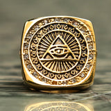 Vintage Heavy Stainless Steel All Seeing Eye Ring For Men Crystal Gold Color Mason Masonic Punk Male Ring Fashion Jewelry Gift