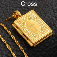 Anniyo DIY Keeping Photo Pendant Necklace Women Iran Jewelry,Gold Color Islam Arab Holy Bible Cross Allah Box #071502