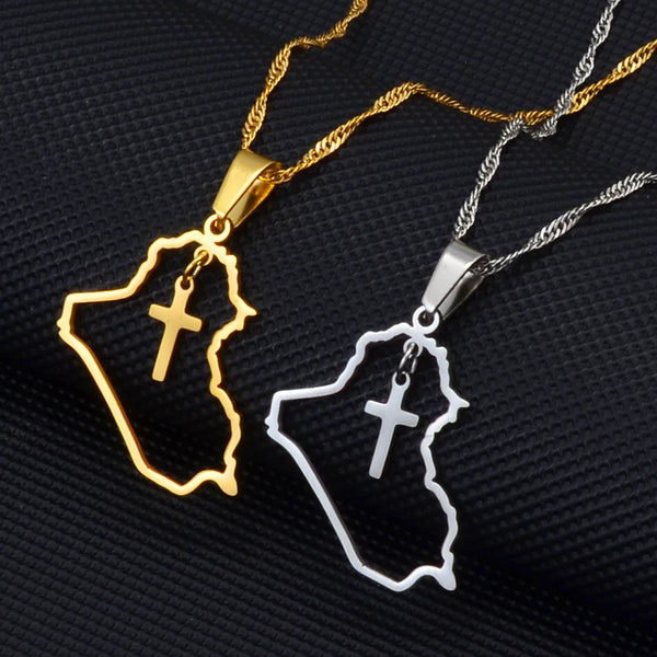 Anniyo Heart Iraq Map and Cross Pendant Necklace Silver Color/Gold Color Jewelry Map Of Iraq Necklaces #235721
