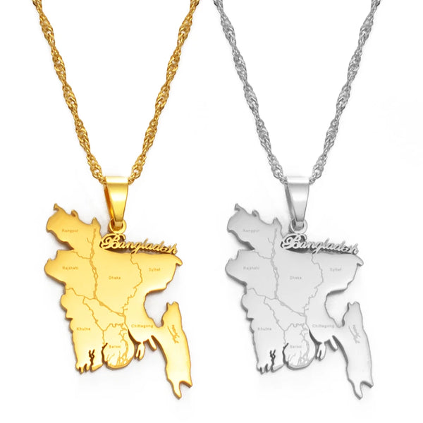 Anniyo Bangladesh Map Pendant Necklaces Silver Color/Gold Color for Women Girls Bangladeshi Maps Chains Bengali #165621