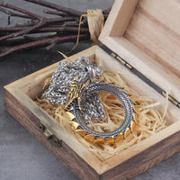 Never Fade Men Stainless steel Viking Self-devourer Ouroboros Valknut Amulet dragon Pendant Necklace with vikings wooden box