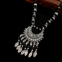 Bohemia Vintage Ethnic Leaf Red Stone Tassel Necklace For Women Gypsy Sliver Color Long Chain Necklace For Girls Tibetan Jewelry