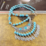 Bohemia Vintage Ethnic Leaf Red Stone Tassel Necklace For Women Gypsy Sliver Color Long Chain Necklace For Girls Tibetan Jewelry
