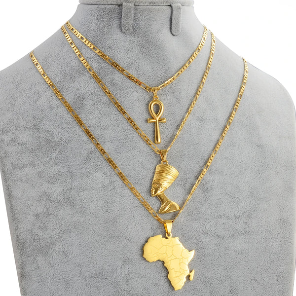 Anniyo 3Pieces Ankh Nefertiti & Africa Map Pendant Necklaces Gold Color Wedding Birthday Party Ethnic Jewelry Women Men #256306