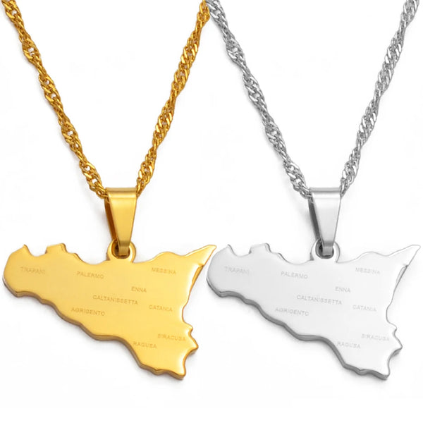 Anniyo Italy Sicily Map With City Name Pendant Necklaces,Silver Color/Gold Color Italian Sicilia Jewelry #038321