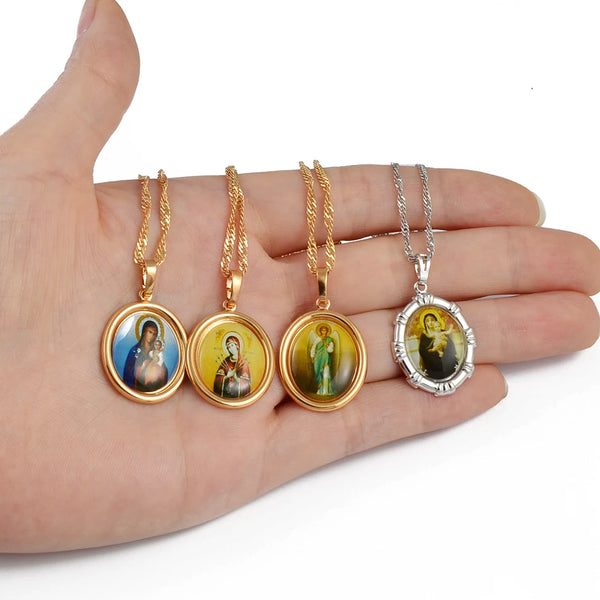 Anniyo (1Piece) Charm Mary Pendant Chain Necklaces for Women Girls Virgin Orthodox Religious Jewelry @@