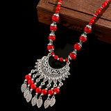 Bohemia Vintage Ethnic Leaf Red Stone Tassel Necklace For Women Gypsy Sliver Color Long Chain Necklace For Girls Tibetan Jewelry