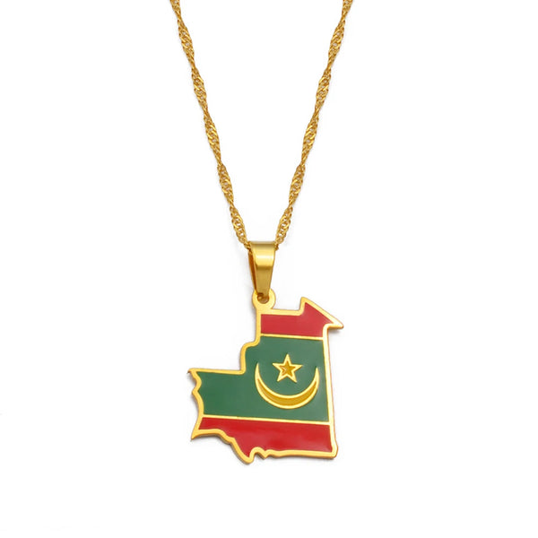 Anniyo Mauritania Map & Flag Pendant Necklace for Women/Men,Gold Color Mauritanian Jewelry Maps  #255121