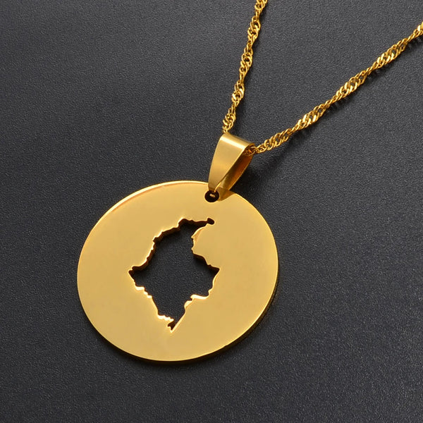 Anniyo 3CM Round Map of Colombia Pendant and Necklaces for Women Colombian Jewelry @015921