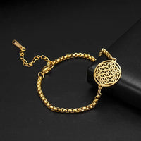 LIKGREAT Flower of Life Round Stainless Steel Bracelet Gold Color Charm Bracelets for Women Men Chain Fashion Jewelry Gifts