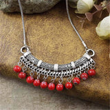 Bohemia Vintage Ethnic Leaf Red Stone Tassel Necklace For Women Gypsy Sliver Color Long Chain Necklace For Girls Tibetan Jewelry