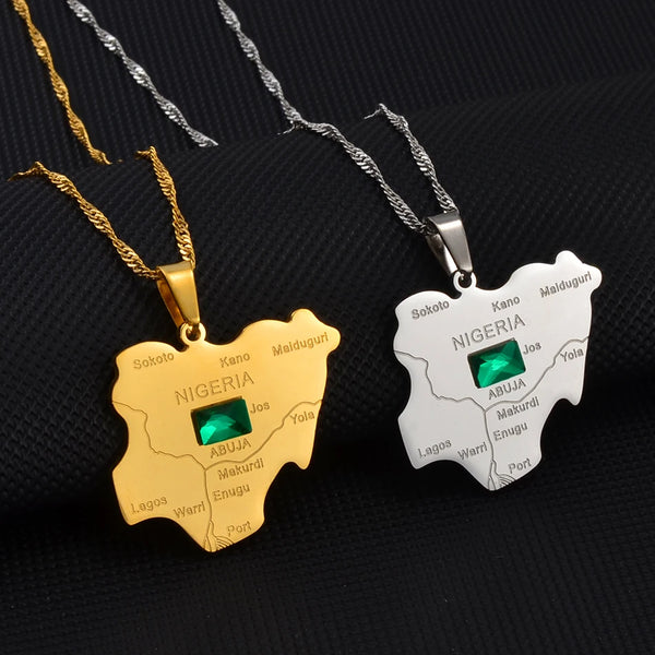 Anniyo Nigeria Map With Green Stone Pendant Necklaces Silver Color/Gold Color Nigerian Maps Jewelry Patriotic  @206921