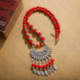 Bohemia Vintage Ethnic Leaf Red Stone Tassel Necklace For Women Gypsy Sliver Color Long Chain Necklace For Girls Tibetan Jewelry