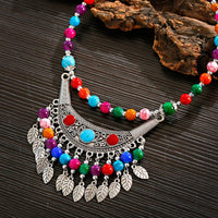 Bohemia Vintage Ethnic Leaf Red Stone Tassel Necklace For Women Gypsy Sliver Color Long Chain Necklace For Girls Tibetan Jewelry