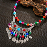 Bohemia Vintage Ethnic Leaf Red Stone Tassel Necklace For Women Gypsy Sliver Color Long Chain Necklace For Girls Tibetan Jewelry