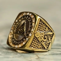 Vintage Heavy Stainless Steel All Seeing Eye Ring For Men Crystal Gold Color Mason Masonic Punk Male Ring Fashion Jewelry Gift
