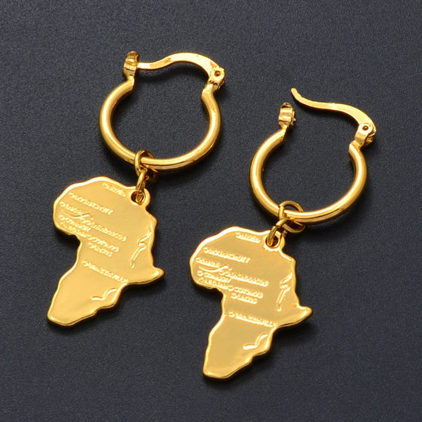 Anniyo Map of Africa Earrings for Women Girl Ethiopian Nigeria Congo Ghana Sudan Gold Plated Jewelry African Maps #119406