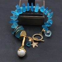 GG Natural Blue Glass Quartz Electroplate Gold Color Plated Keshi Pearl Bracelet CZ Starfish Charms Handmade For Women