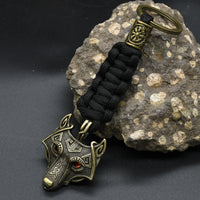 Nordic Mythology Wolf Head Keychain Men's Retro Handmade Survival Rope Lanyard Pendant Keyring Vikings Runes Vegvisir Jewelry