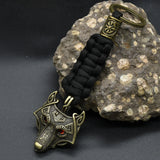 Nordic Mythology Wolf Head Keychain Men's Retro Handmade Survival Rope Lanyard Pendant Keyring Vikings Runes Vegvisir Jewelry