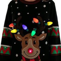Women LED Light Up Holiday Sweater Christmas Cartoon Reindeer Knit Pullover Top