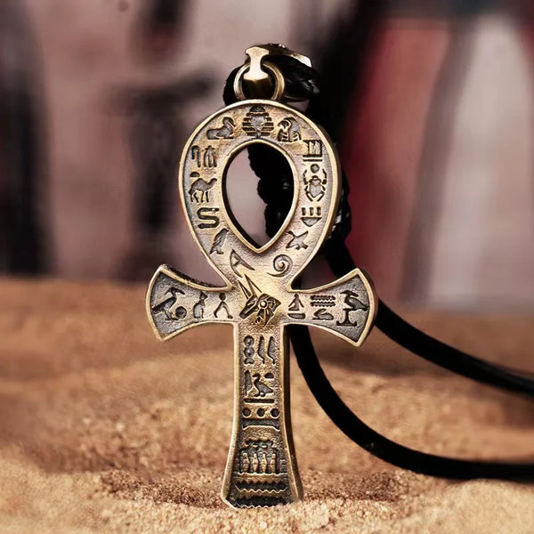 Ancient Egyptian Pharaoh Life Anka Cross Stainless Steel Necklace Anubis Totem Pendant Men\'s Amulet Jewelry Leather Rope Chain