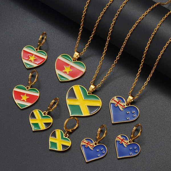 Anniyo Surinam Jamaica Australia Flag Heart Pendant Necklaces and Earrings for Women Girls,I Lve My Country,National Day #188216