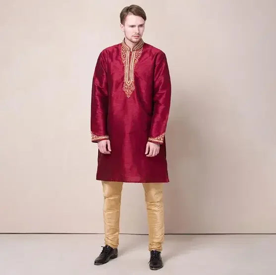 Indian Clothing Embroidery Ethnic Wedding Men's Clothing Red Suit Include Pants Spring Kurta Vintage