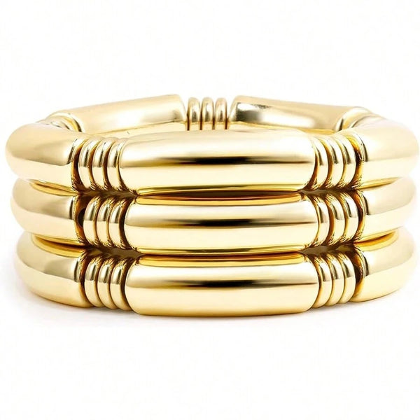 3PCS/SET Gold Chunky Bangles Bracelets For Women Plated Stack Layered Curved Bamboo Tube Stretch Bracelets Gift Jewelry