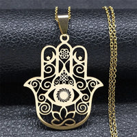 Hamsa Hand Muslims Judaism Hollow Necklace for Women Hand of Fatima Lotus Flower Stainless Steel Necklaces Jewelry Gift N8083S04